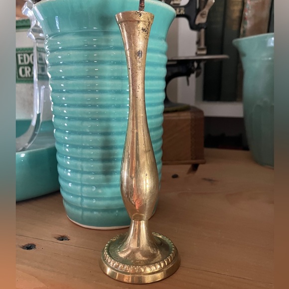 2/$30 Vintage Mini Brass Bud Vase 5.5” Tall 2 and 7/8’s” Base Patina Finish - Picture 1 of 16